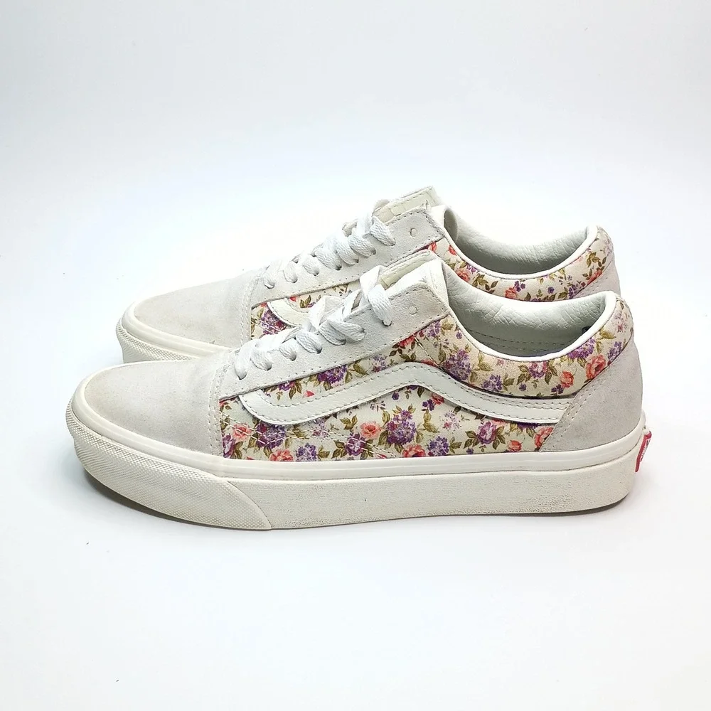 Vans Old Skool Floral Print Sneakers Cream‎ White Suede Womens 8 Mens 6.5 500714